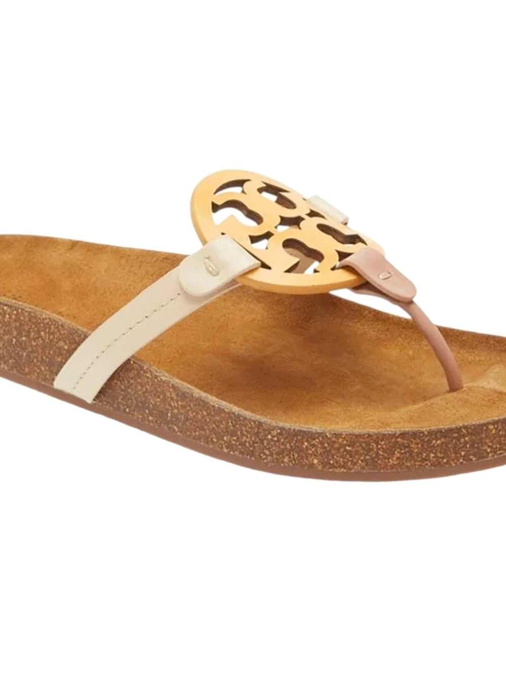Tory Burch Miller Cloud Leather Two-Tone Beige and Tan Logo Thong Sandal SZ 8.5